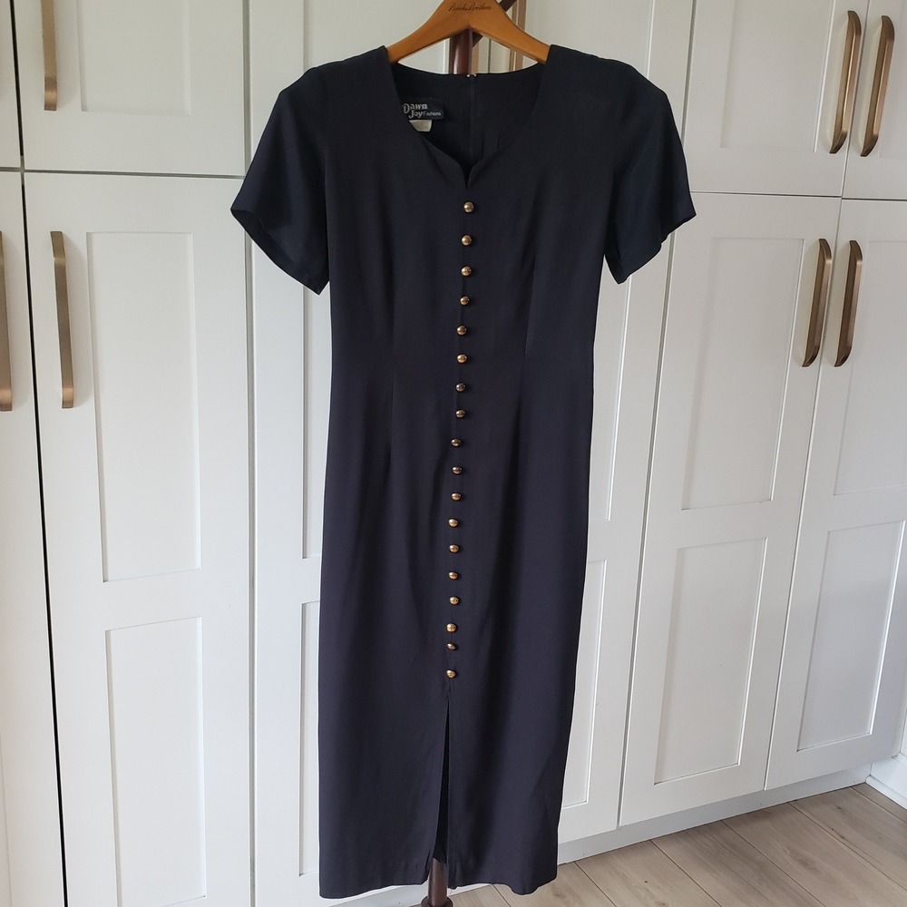 Dawn Joy Fashions Dress Womens 10 Black Vintage Button Front Tie Back USA Midi